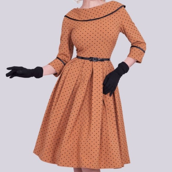 Tatyana Iced Coffee 1940's Mocha Polka Dot 3/4 Sleeve Military Pinup Swing Dress - Picture 3 of 9